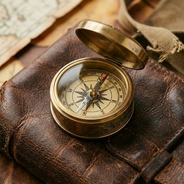 Brass compass sitting on a leather surface