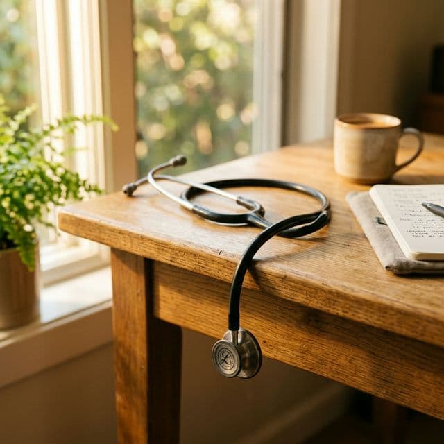 Stethoscope draped over a warm wooden desk
