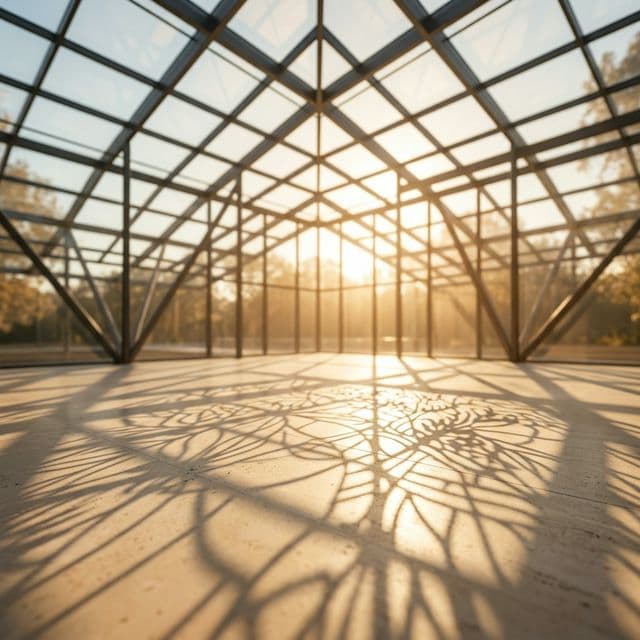 Warm morning light passing through a geometric glass and steel structure